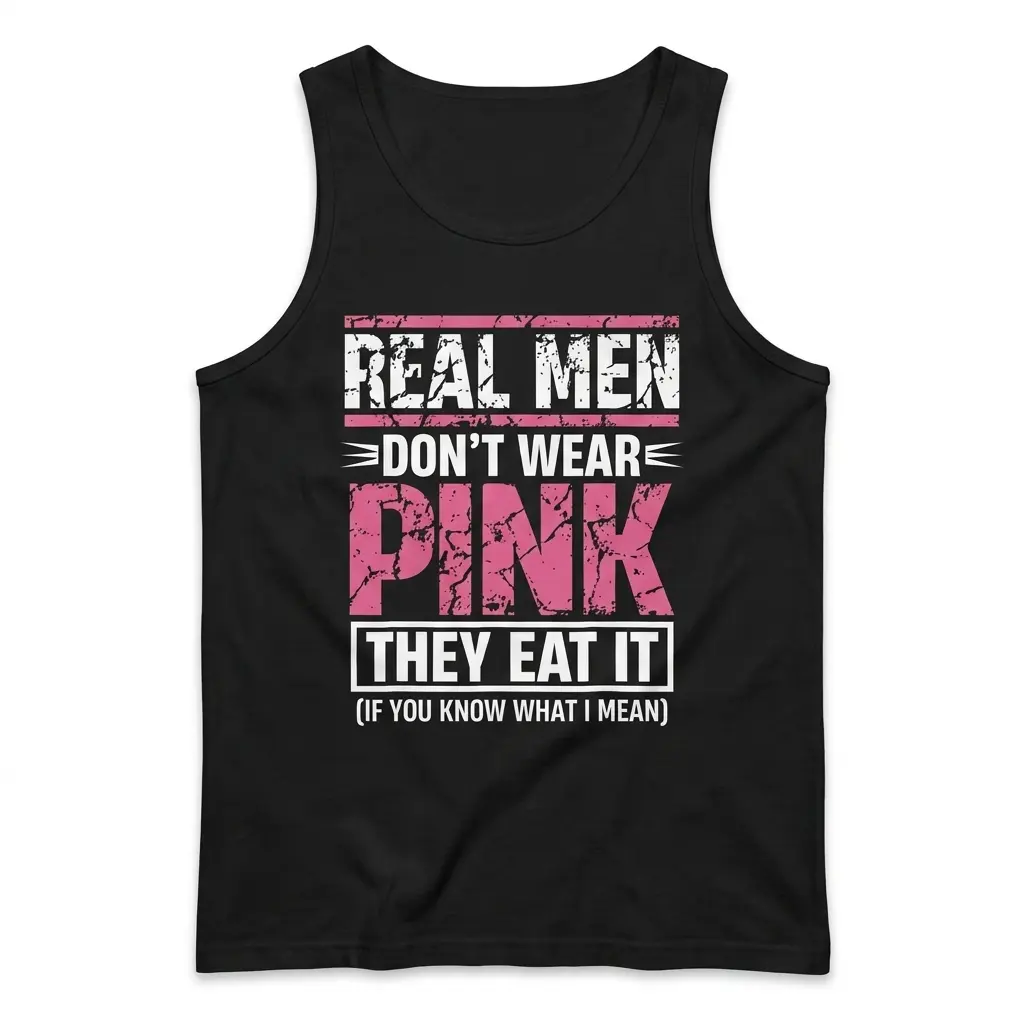 Real Men Don't Wear Pink They Eat It Funny T-Shirt 3 A flat lay tank top showcasing the bold, distressed Real Men Don't Wear Pink They Eat It graphic on the chest.