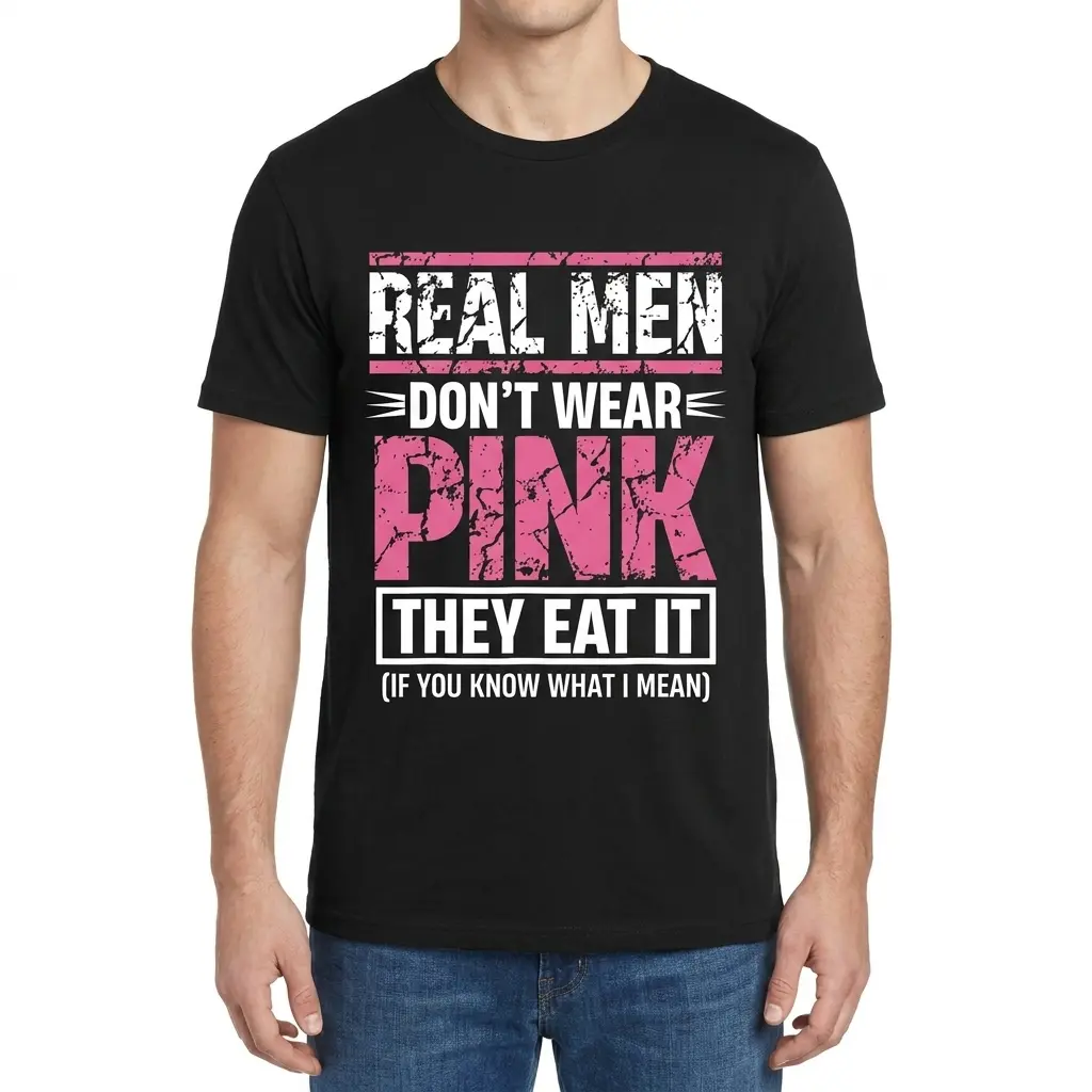 Real Men Don't Wear Pink They Eat It Funny T-Shirt 4 Male model facing forward wearing the real men dont wear pink shirt, highlighting the funny distressed text design on the front.