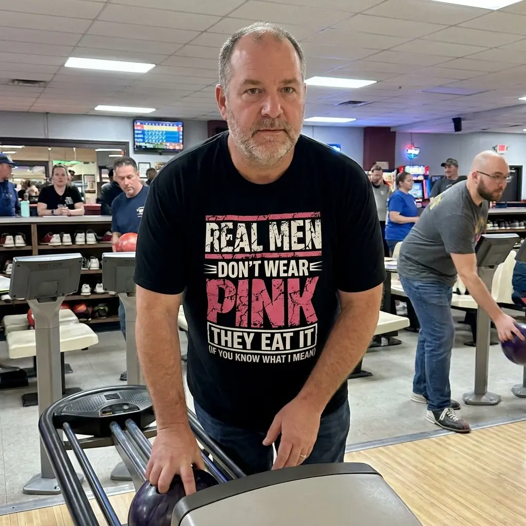 Real Men Don't Wear Pink They Eat It Funny T-Shirt 6 Casual lifestyle view of the real men dont wear pink shirt, displaying the edgy, grunge-style typography in a natural setting.