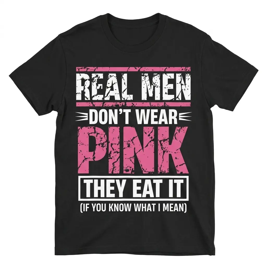 Real Men Don't Wear Pink They Eat It Funny T-Shirt 1 Flatlay view of a black t-shirt with distressed text reading: Real men don't wear pink they eat it (if you know what I mean).