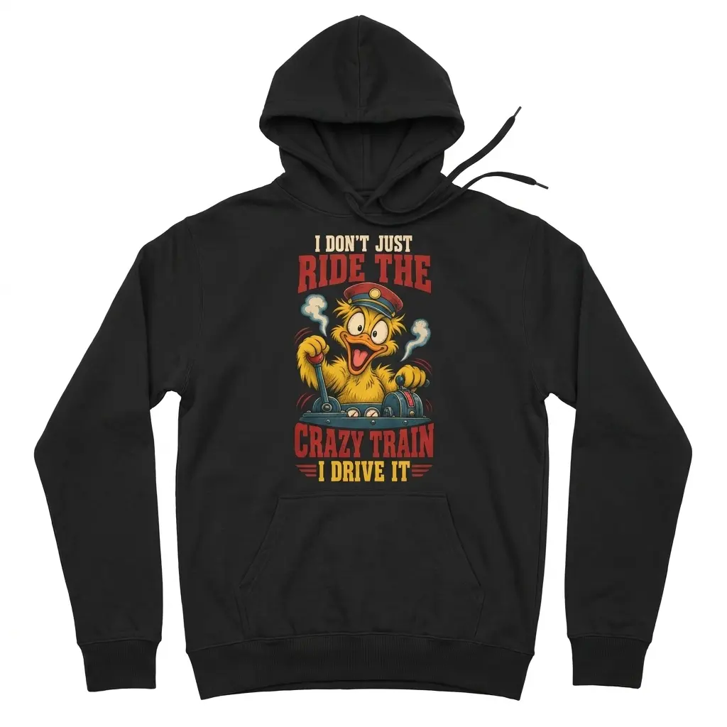 I Don't Just Ride The Crazy Train I Drive It Duck T-Shirt 2 Crazy Train Driver Duck graphic printed on black hoodie front flatlay