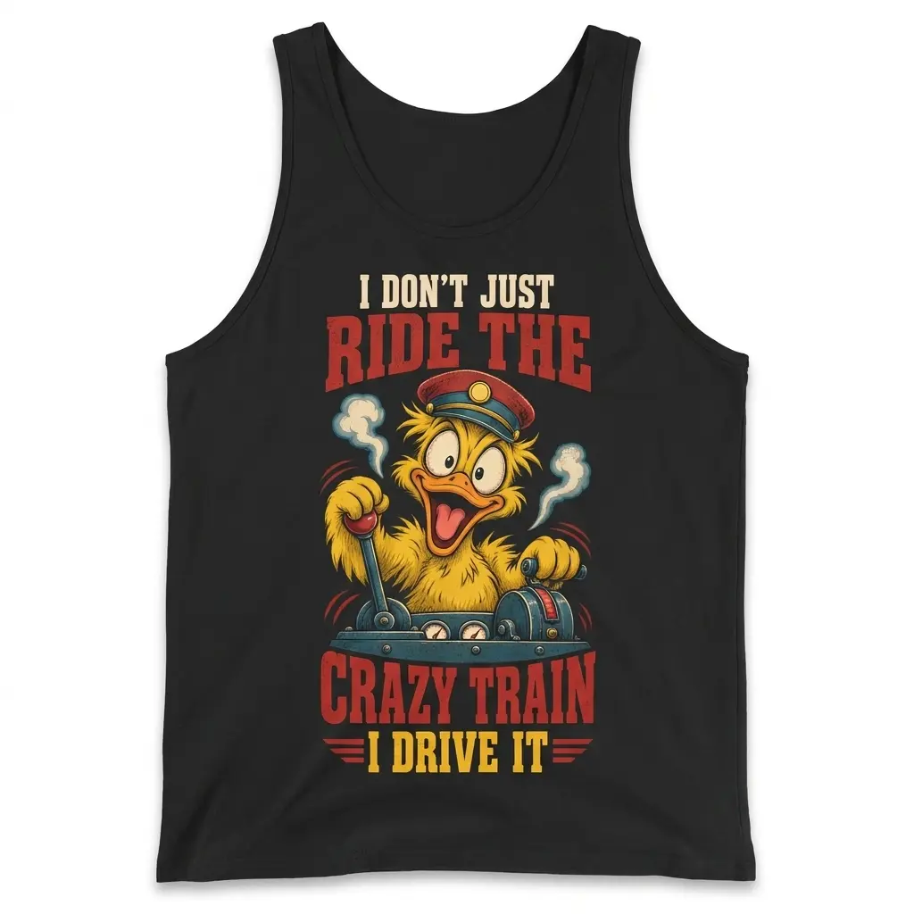 I Don't Just Ride The Crazy Train I Drive It Duck T-Shirt 3 I Don't Just Ride The Crazy Train I Drive It Duck design on black tank top flatlay