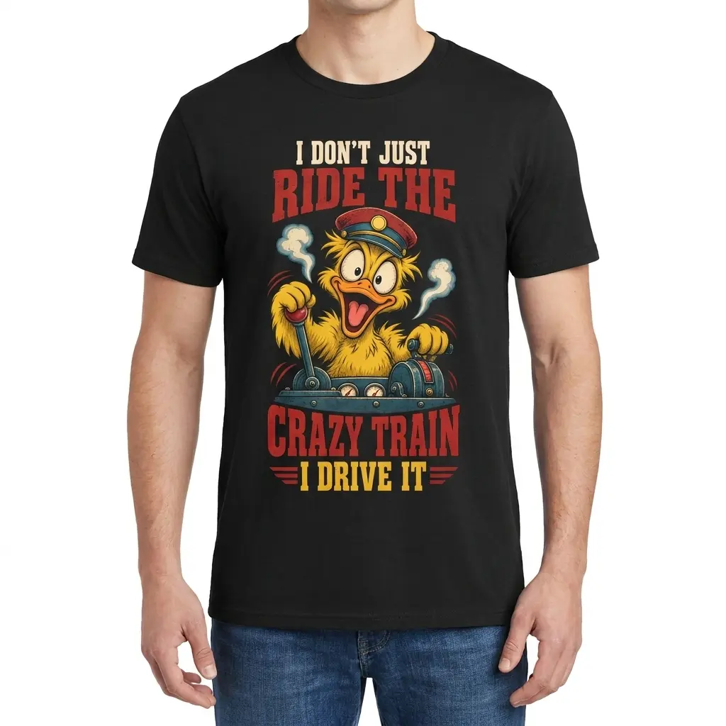 I Don't Just Ride The Crazy Train I Drive It Duck T-Shirt 4 Male model wearing I Don't Just Ride The Crazy Train I Drive It Duck T-Shirt