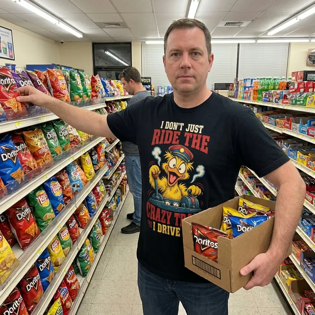 I Don't Just Ride The Crazy Train I Drive It Duck T-Shirt 5 Lifestyle photo of the Crazy Train Driver Duck graphic tee in casual everyday wear