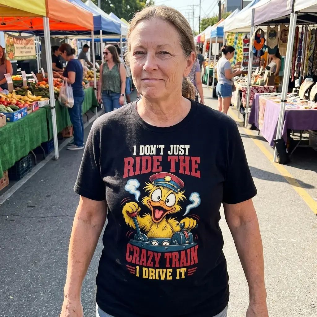 I Don't Just Ride The Crazy Train I Drive It Duck T-Shirt 6 Second lifestyle view showcasing the I Don't Just Ride The Crazy Train I Drive It Duck T-Shirt