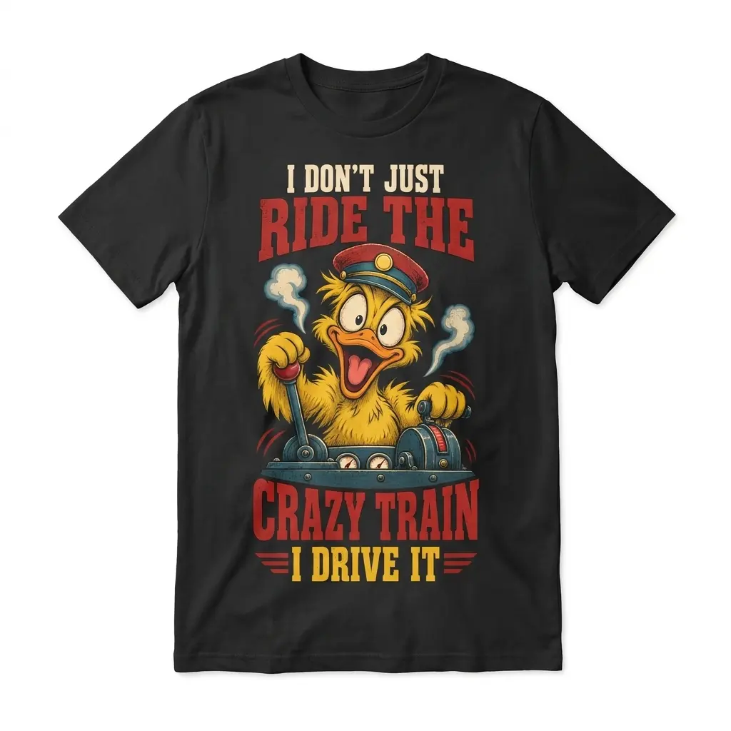 I Don't Just Ride The Crazy Train I Drive It Duck T-Shirt 1 I Don't Just Ride The Crazy Train I Drive It Duck T-Shirt front flatlay view on black tee