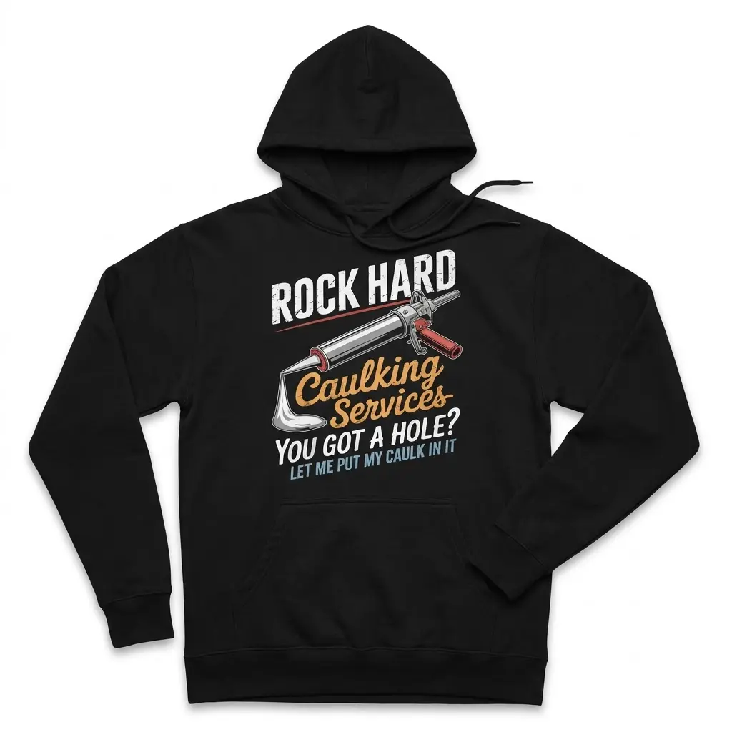 Rock Hard Caulking Services Funny T-Shirt 2 Front flat lay of a black hoodie printed with the humorous Rock Hard Caulking Services illustration.
