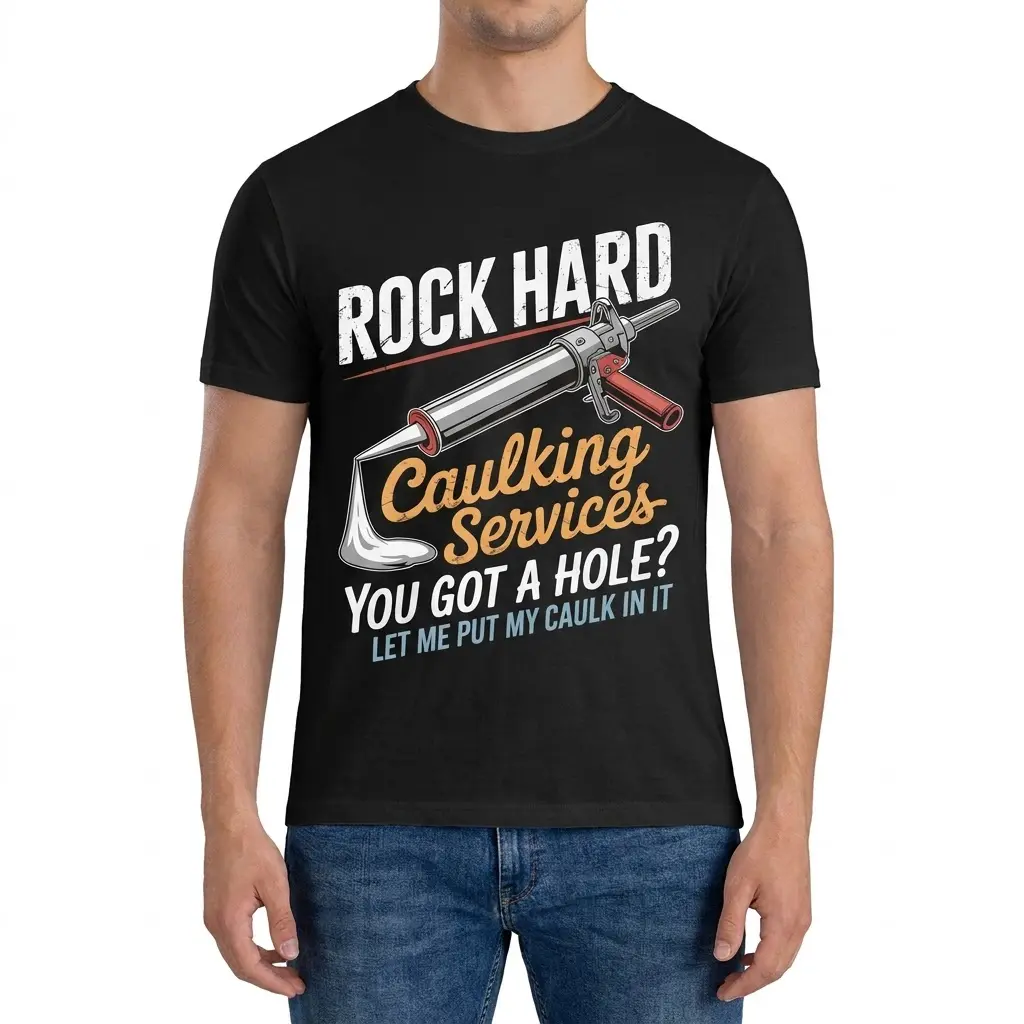 Rock Hard Caulking Services Funny T-Shirt 4 Front view of a man wearing the black funny caulking shirt.
