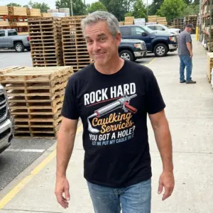 Rock Hard Caulking Services Funny T-Shirt 10 Lifestyle setting featuring the Rock Hard Caulking Services t-shirt.