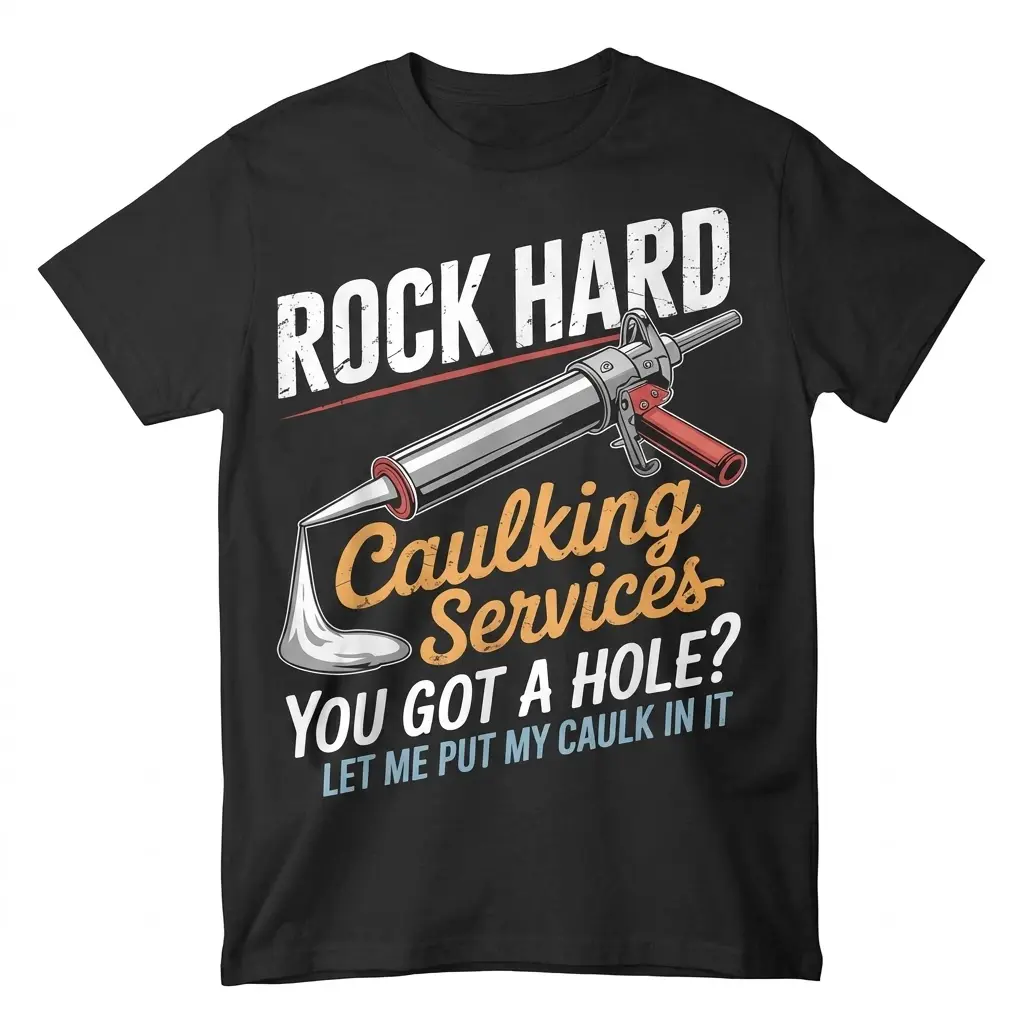 Rock Hard Caulking Services Funny T-Shirt 1 Front flat lay of a black t-shirt featuring the Rock Hard Caulking Services graphic with a caulk gun.