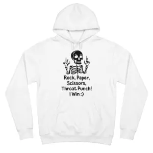 Rock Paper Scissors Throat Punch Funny Skeleton T-Shirt 7 Flat lay view of a hoodie printed with the funny skeleton graphic and Rock Paper Scissors Throat Punch text.