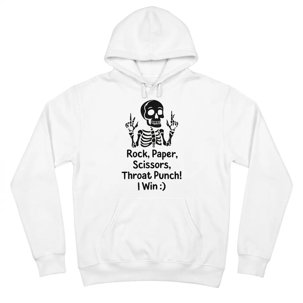 Rock Paper Scissors Throat Punch Funny Skeleton T-Shirt 2 Flat lay view of a hoodie printed with the funny skeleton graphic and Rock Paper Scissors Throat Punch text.