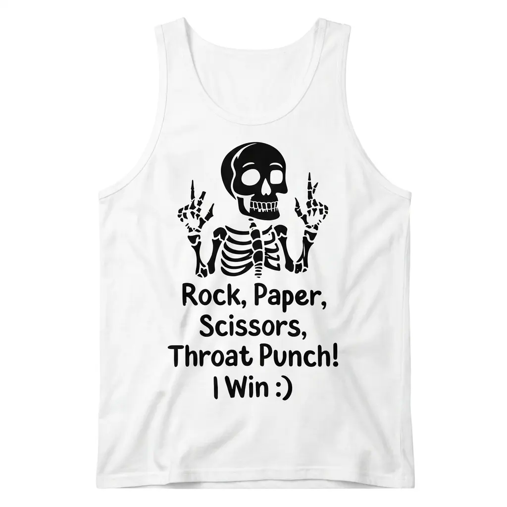 Rock Paper Scissors Throat Punch Funny Skeleton T-Shirt 3 Front flat lay of a sleeveless tank top featuring the humorous skeleton Rock Paper Scissors Throat Punch design.
