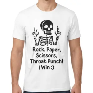 Rock Paper Scissors Throat Punch Funny Skeleton T-Shirt 9 Front view of a man wearing the Rock Paper Scissors Throat Punch funny skeleton t-shirt.