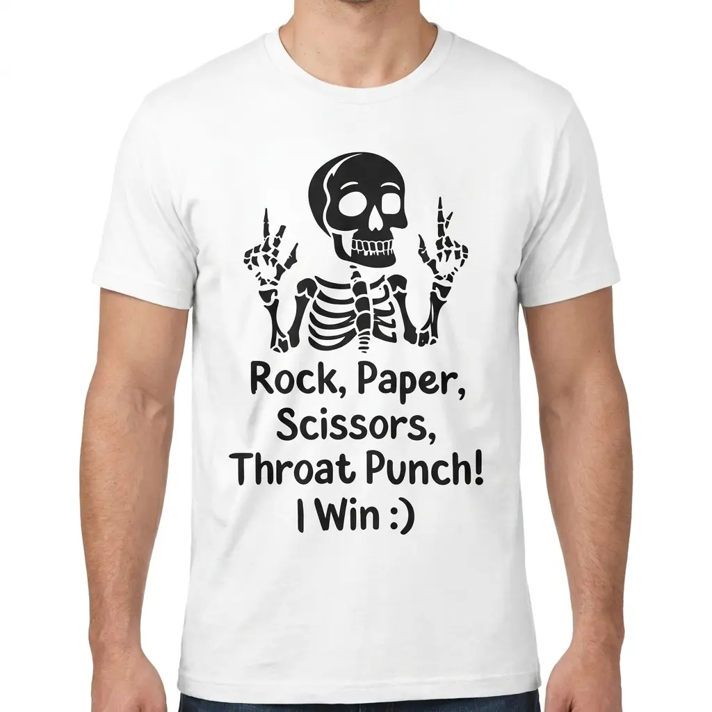 Rock Paper Scissors Throat Punch Funny Skeleton T-Shirt 4 Front view of a man wearing the Rock Paper Scissors Throat Punch funny skeleton t-shirt.