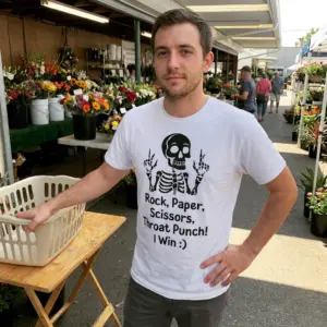 Rock Paper Scissors Throat Punch Funny Skeleton T-Shirt 10 Lifestyle setting displaying the humorous Rock Paper Scissors Throat Punch skeleton shirt.
