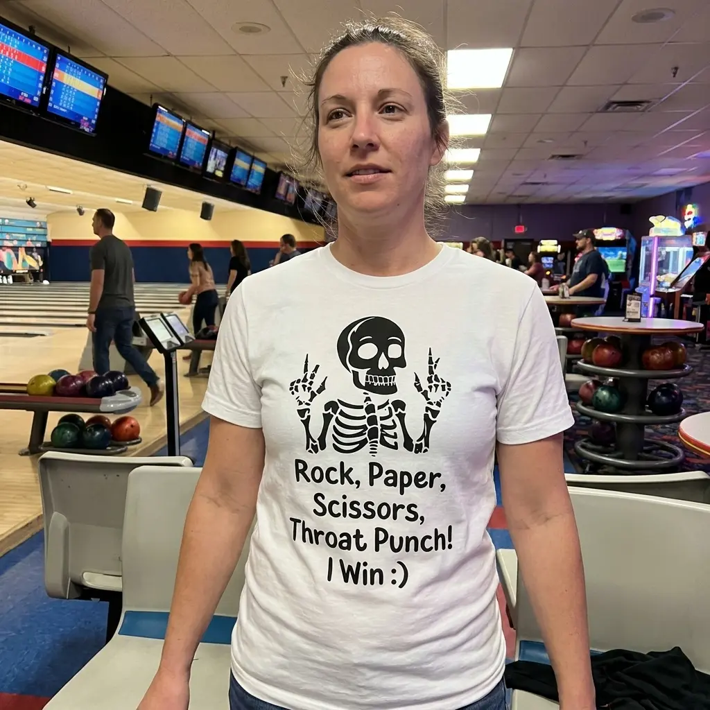 Rock Paper Scissors Throat Punch Funny Skeleton T-Shirt 6 Everyday lifestyle view highlighting the funny skeleton Rock Paper Scissors Throat Punch graphic apparel.