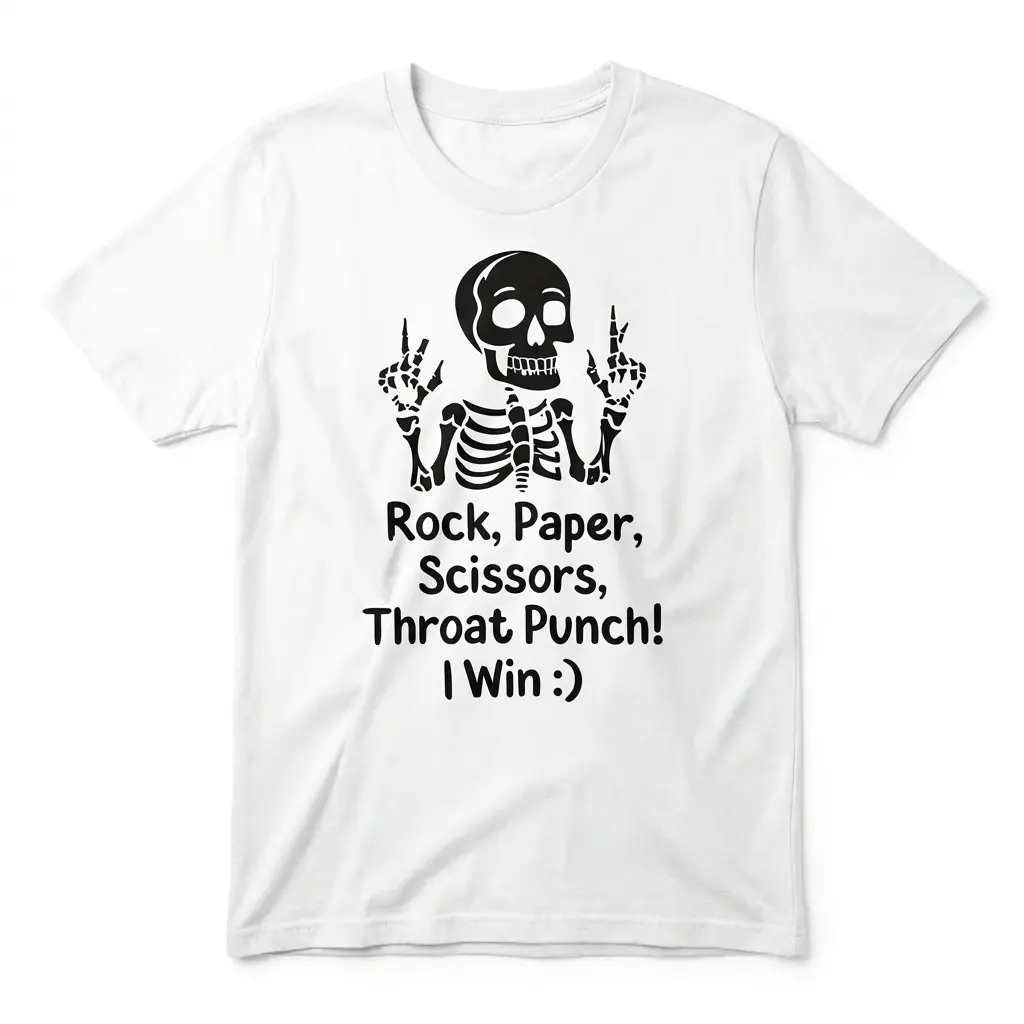 Rock Paper Scissors Throat Punch Funny Skeleton T-Shirt 1 Front flat lay of a white t-shirt featuring a funny skeleton graphic with text Rock Paper Scissors Throat Punch I Win.