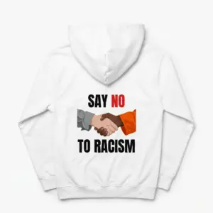 Say No to Racism Handshake Parody Graphic T-Shirt 7 Cozy pullover hoodie displaying back print reading SAY NO TO RACISM with two hands shaking in grey and orange sleeves