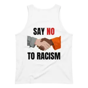 Say No to Racism Handshake Parody Graphic T-Shirt 8 Sleeveless casual tank top with back print reading SAY NO TO RACISM with two hands shaking in grey and orange sleeves