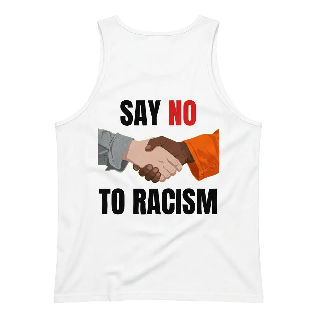 Sleeveless casual tank top with back print reading SAY NO TO RACISM with two hands shaking in grey and orange sleeves
