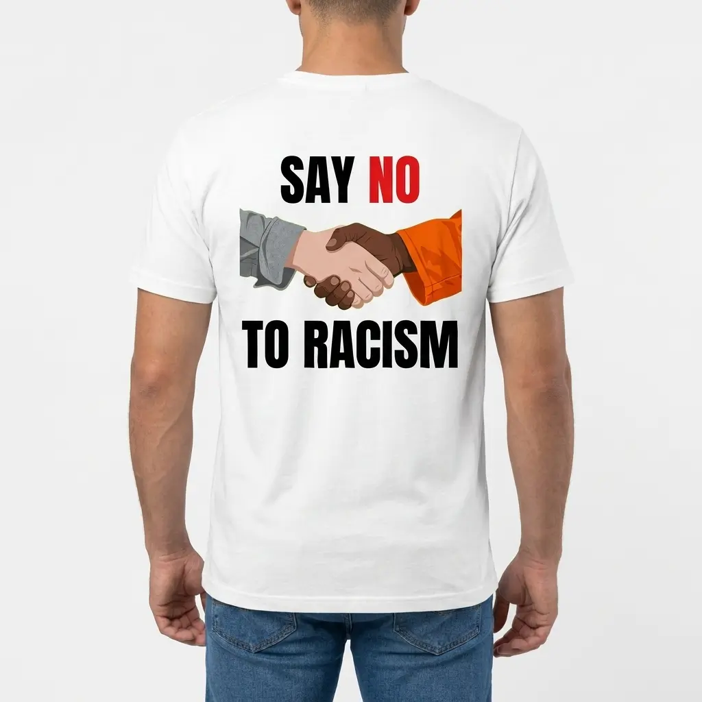 Man wearing white graphic tee with back print reading SAY NO TO RACISM with two hands shaking in grey and orange sleeves