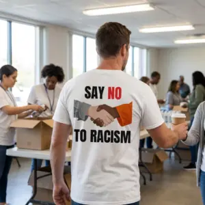 Say No to Racism Handshake Parody Graphic T-Shirt 10 Everyday streetwear outfit styling white shirt with back print reading SAY NO TO RACISM with two hands shaking in grey and orange sleeves