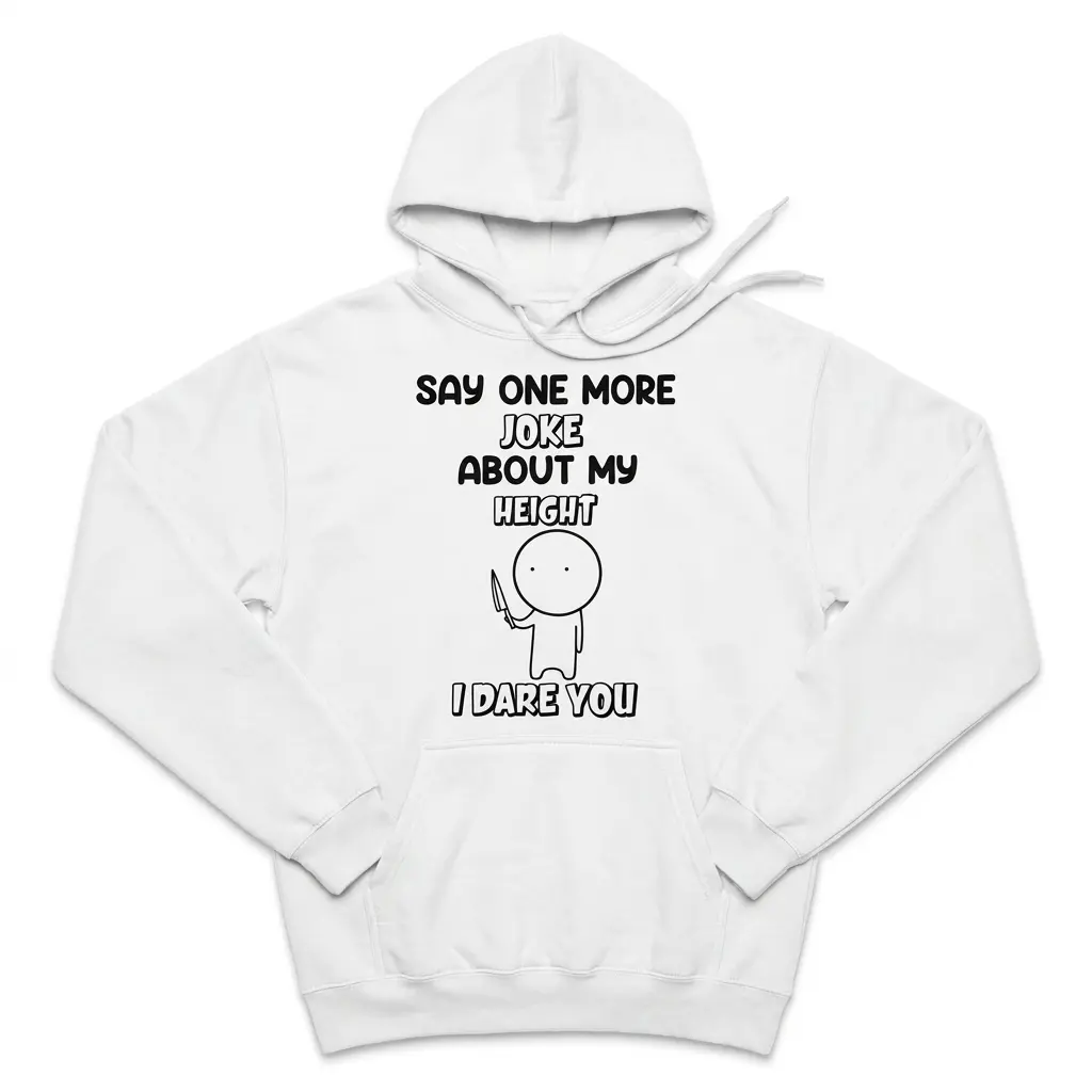 Front flat lay view of a hoodie printed with the funny height joke graphic and cartoon stick figure.
