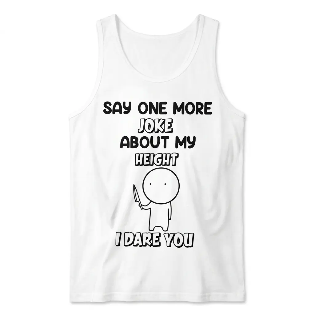 Front flat lay view of a tank top featuring the humorous Say One More Joke About My Height design.