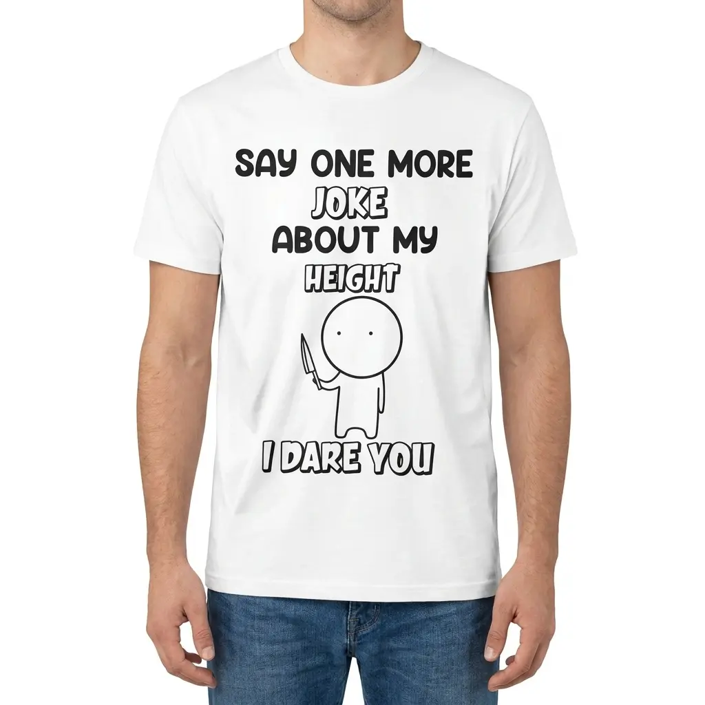 Male model wearing the white t-shirt with the funny height joke stick figure print.