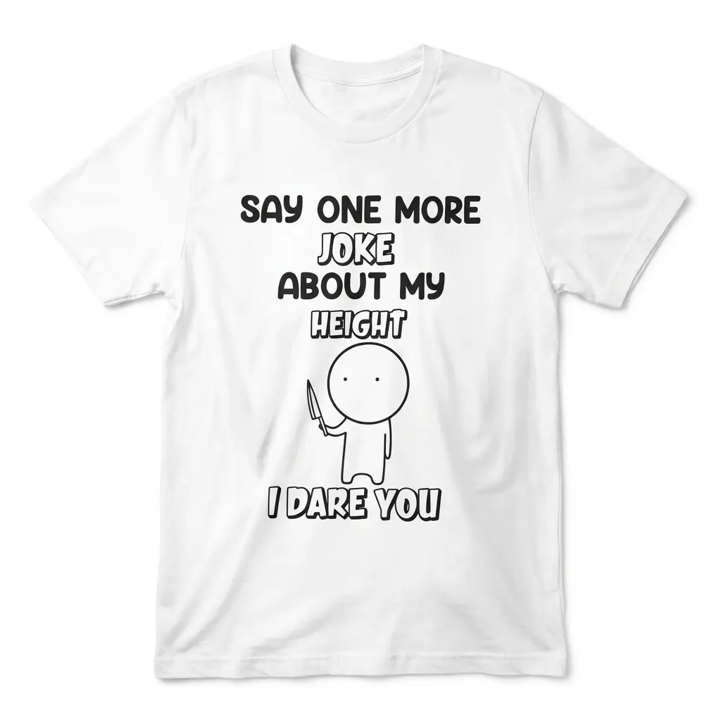 Flat lay front view of a white t-shirt featuring the Say One More Joke About My Height graphic and knife-wielding cartoon figure.