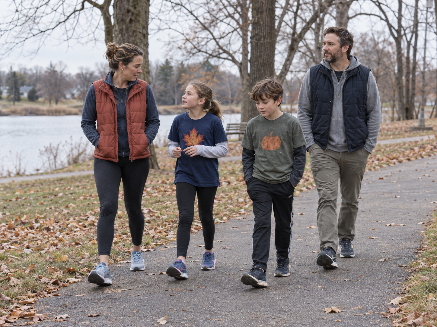 Thanksgiving Shirt Ideas: What to Wear for Dinner, Turkey Trots, and Friendsgiving 6 Family walking beside a lake on an overcast autumn day, with leaf and pumpkin prints on the children's layered shirts.