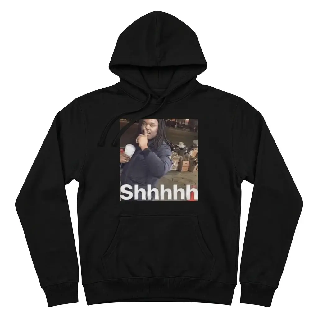 Shhhhh Quiet Street Meme Viral Reaction Graphic Black T-Shirt 2 Cozy pullover hoodie displaying black tee front print showing the viral Shhhhh street meme photo of a man holding a cup with finger to lips