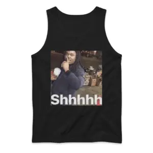 Shhhhh Quiet Street Meme Viral Reaction Graphic Black T-Shirt 8 Sleeveless casual tank top with black tee front print showing the viral Shhhhh street meme photo of a man holding a cup with finger to lips