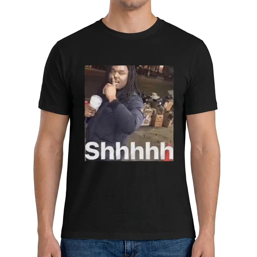 Shhhhh Quiet Street Meme Viral Reaction Graphic Black T-Shirt 4 Man wearing black graphic tee with black tee front print showing the viral Shhhhh street meme photo of a man holding a cup with finger to lips