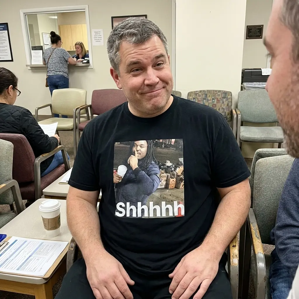 Shhhhh Quiet Street Meme Viral Reaction Graphic Black T-Shirt 5 Everyday streetwear outfit styling black shirt with black tee front print showing the viral Shhhhh street meme photo of a man holding a cup with finger to