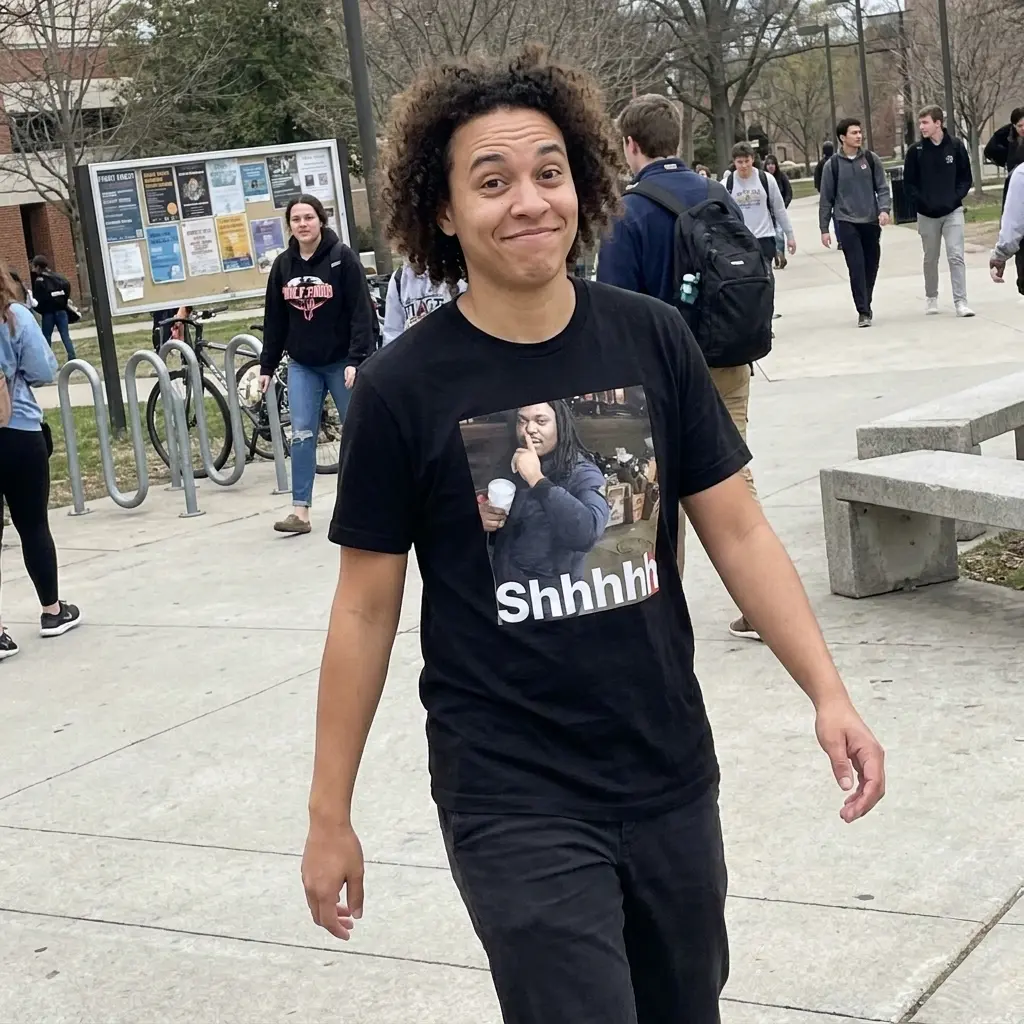 Shhhhh Quiet Street Meme Viral Reaction Graphic Black T-Shirt 6 Close-up casual look showcasing black tee and black tee front print showing the viral Shhhhh street meme photo of a man holding a cup with finger to lips