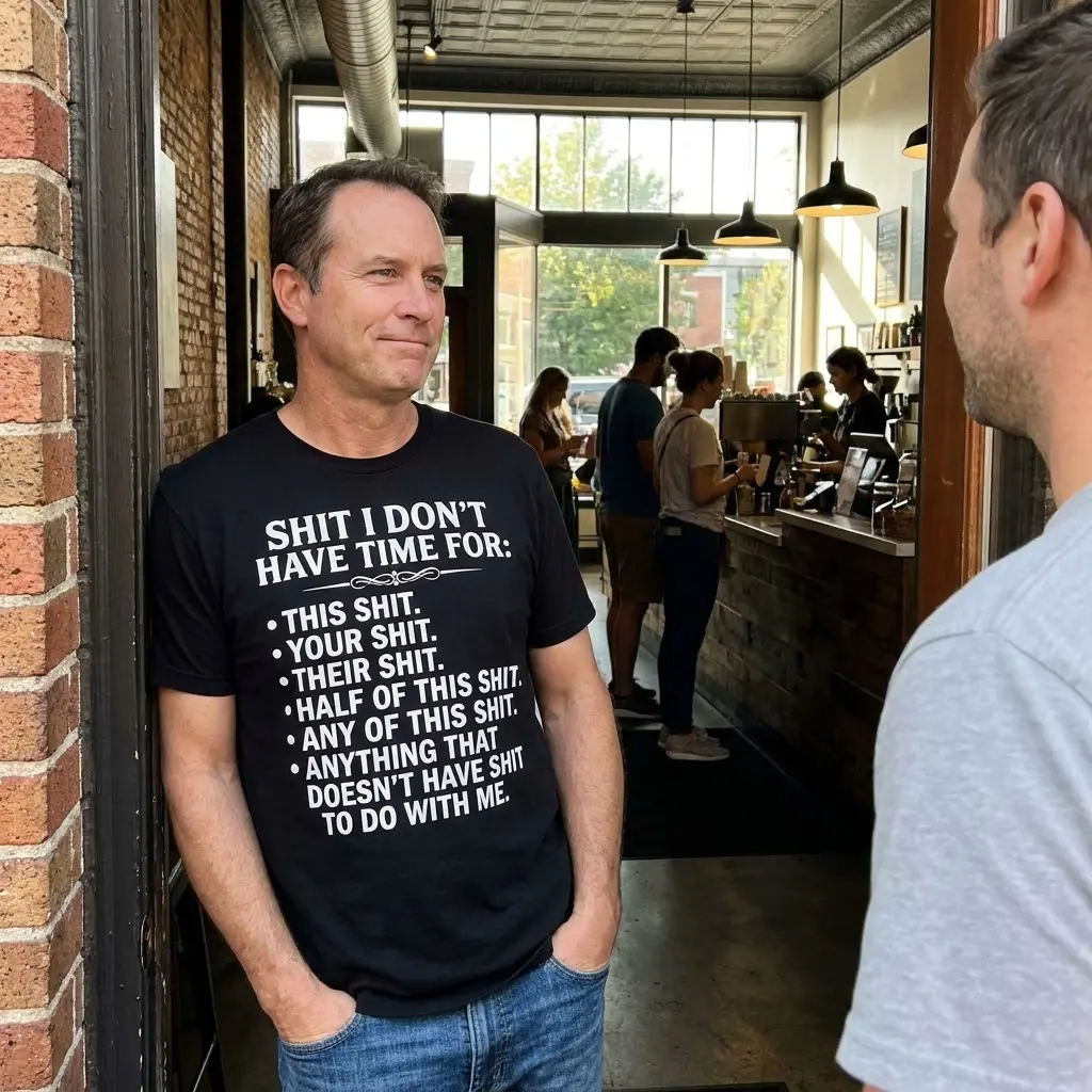 Lifestyle view of apparel displaying the white "Shit I Don't Have Time For" sarcastic text design.