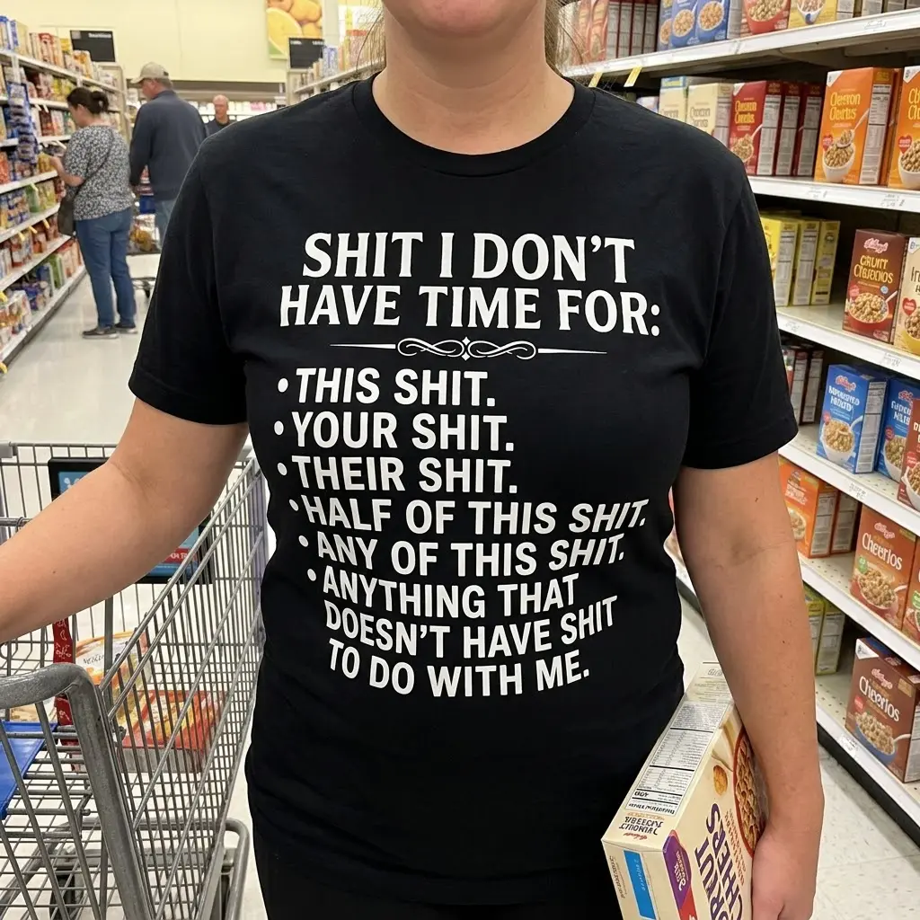 Lifestyle view featuring the "Shit I Don't Have Time For" graphic with a bold white list.