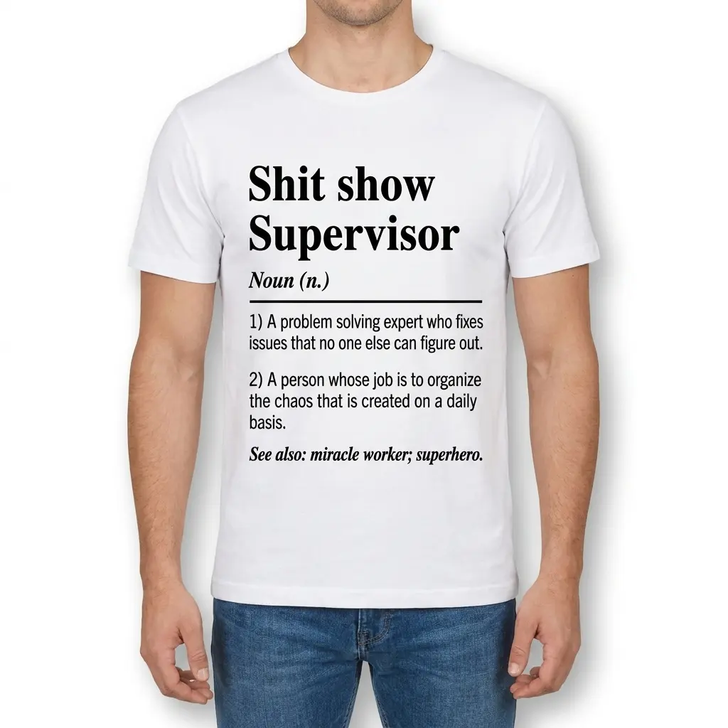 Shit Show Supervisor Definition Funny Workplace T-Shirt 4 Man wearing a front-view shirt with the Shit Show Supervisor definition print.