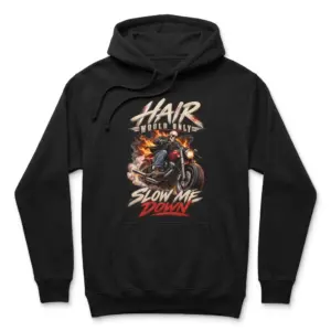 Skull Motorcycle Slow Me Down Biker T-Shirt 7 Hoodie front flatlay displaying a skull motorcyclist riding through flames with a bold “SLOW ME DOWN” graphic.
