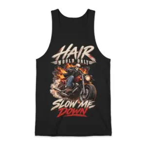 Skull Motorcycle Slow Me Down Biker T-Shirt 8 Tank top front flatlay featuring the skull rider motorcycle design with flames and “SLOW ME DOWN” lettering.