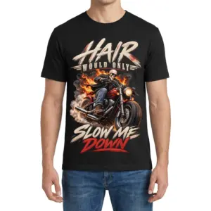 Skull Motorcycle Slow Me Down Biker T-Shirt 9 Man shown from the front wearing a skull motorcycle shirt with a fiery rider graphic and “SLOW ME DOWN” text.