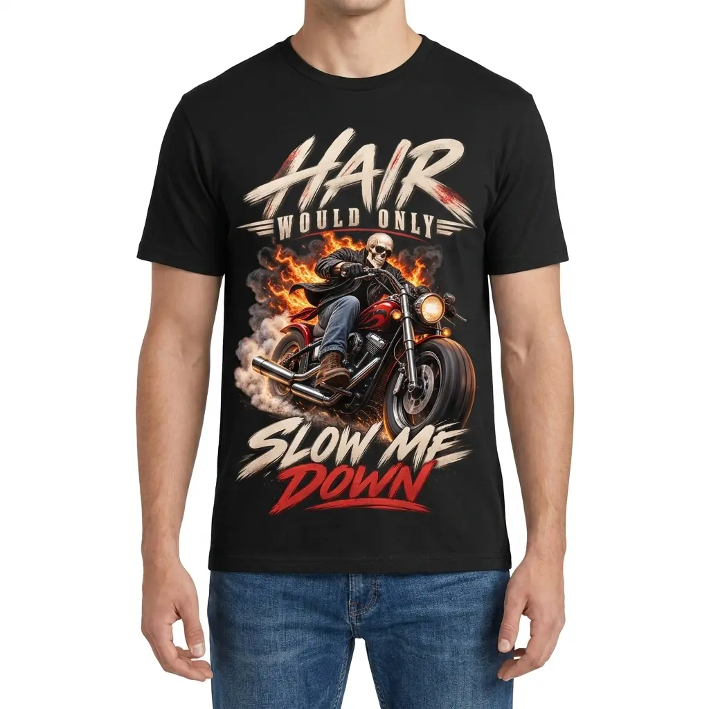 Man shown from the front wearing a skull motorcycle shirt with a fiery rider graphic and “SLOW ME DOWN” text.
