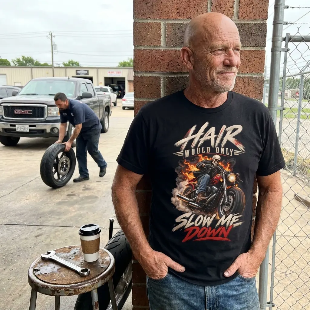 Lifestyle view of the skull motorcycle design showing a skull-headed rider, flames, and “SLOW ME DOWN” lettering.