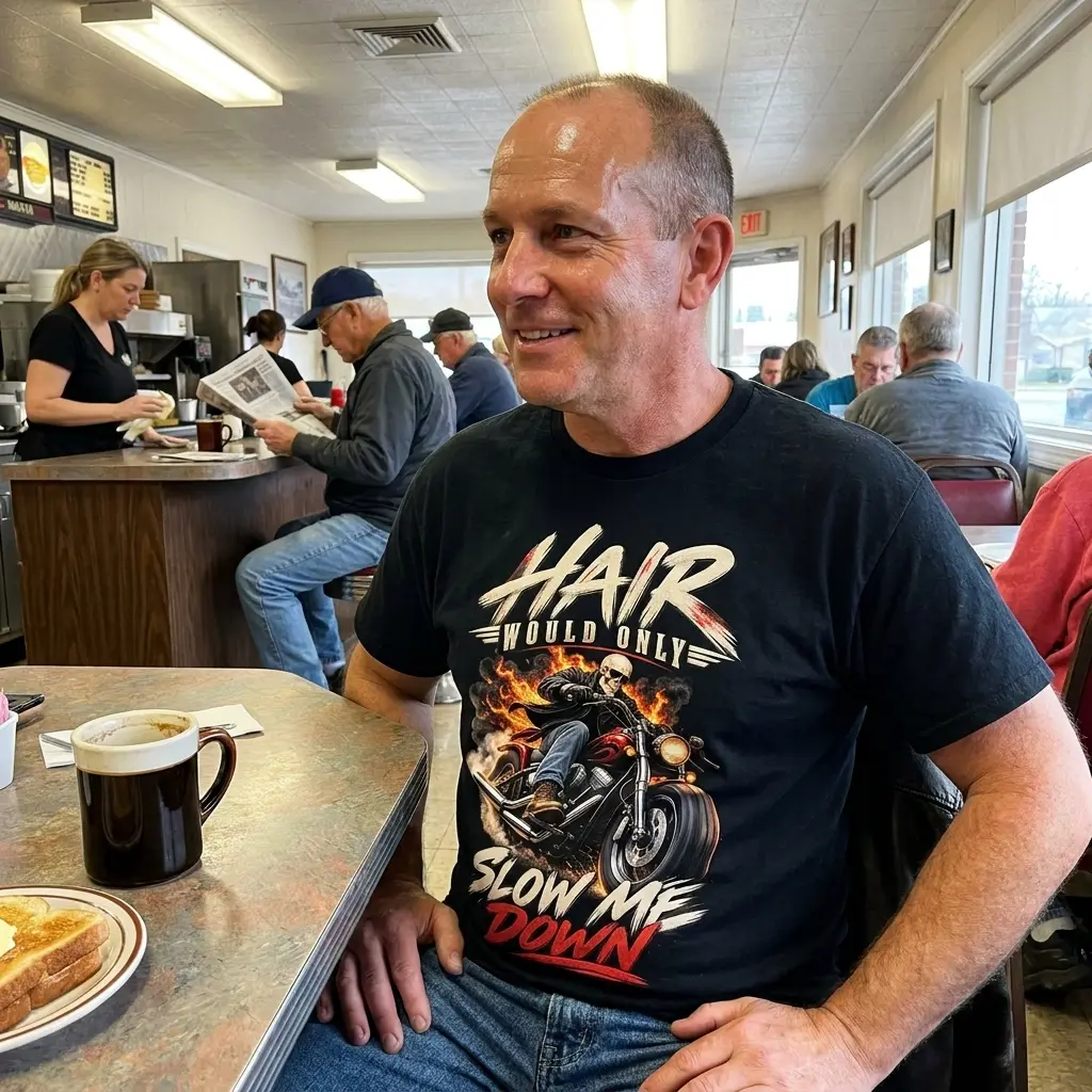 Skull motorcycle shirt lifestyle view featuring the motorcycle rider graphic and bold “SLOW ME DOWN” wording.