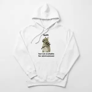 Soft But Not Available For Mistreatment Bunny T-Shirt 7 Cozy pullover hoodie displaying white tee front print reading Soft but not available for mistreatment with a watercolor bunny holding an axe