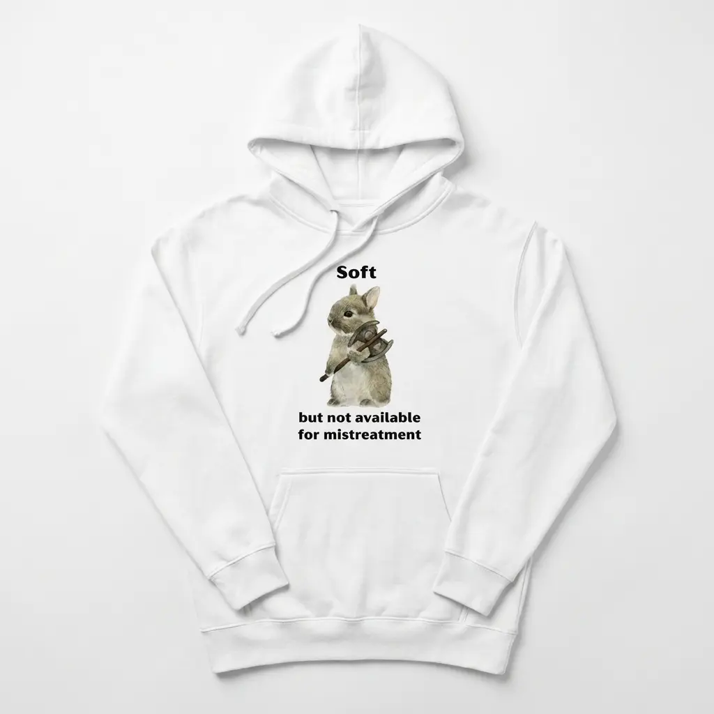 Soft But Not Available For Mistreatment Bunny T-Shirt 2 Cozy pullover hoodie displaying white tee front print reading Soft but not available for mistreatment with a watercolor bunny holding an axe