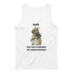 Soft But Not Available For Mistreatment Bunny T-Shirt 8 Sleeveless casual tank top with white tee front print reading Soft but not available for mistreatment with a watercolor bunny holding an axe
