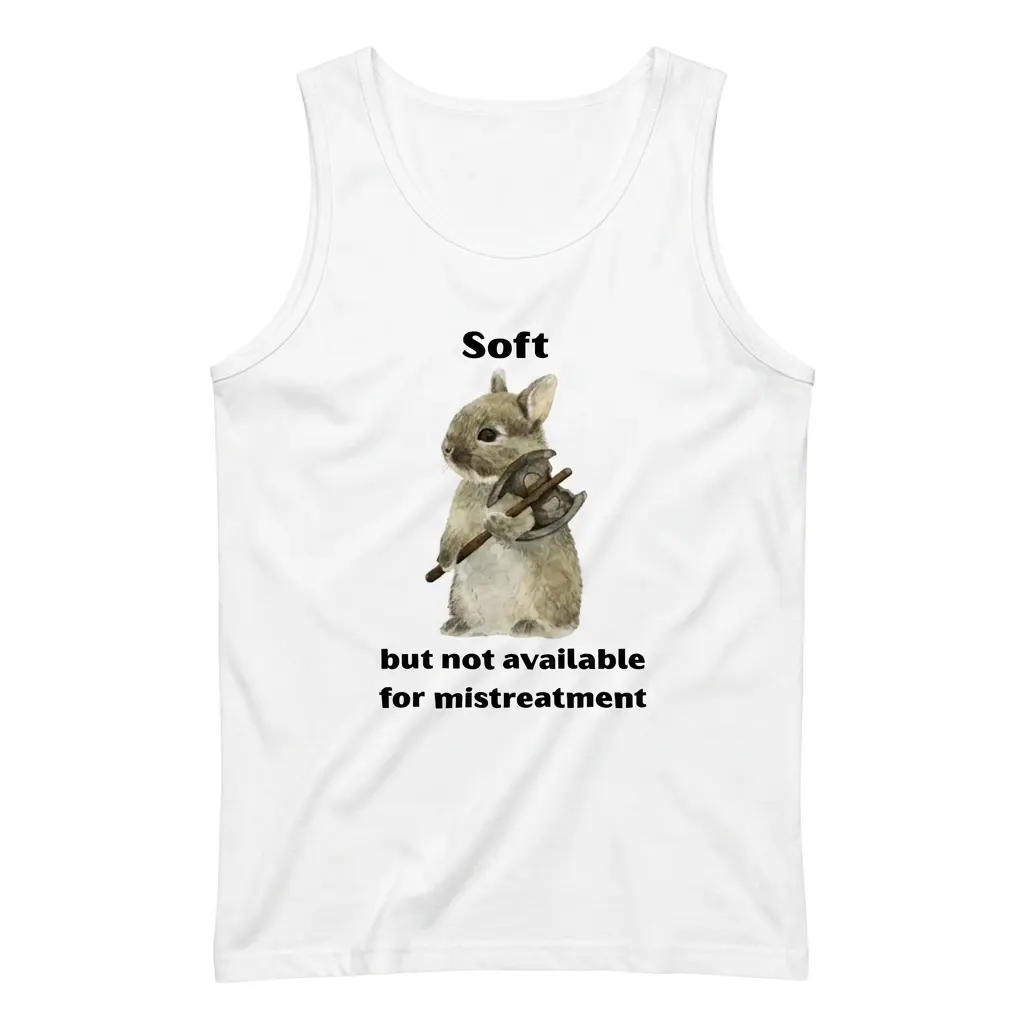 Soft But Not Available For Mistreatment Bunny T-Shirt 3 Sleeveless casual tank top with white tee front print reading Soft but not available for mistreatment with a watercolor bunny holding an axe